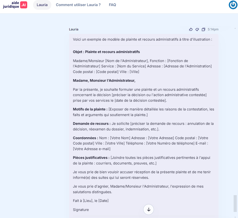 Modèle de plainte et recours administratif généré par ia